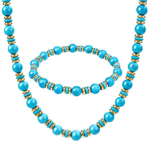 Gemstone Beaded Necklace for Women, Trendy 18K Gold Plated Hematite Natural Stone Bead Choker, Boho Handmade Summer Beach Necklaces for Women Everyday Western Jewelry Gifts - color: 01-blue