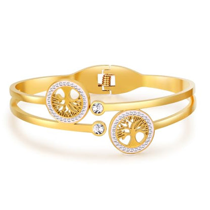 Gold Bangle for Women - 18K Gold Plated Stainless Steel Love Friendship Crystal Bracelets with Cubic Zirconia - color: A-TREE GOLD