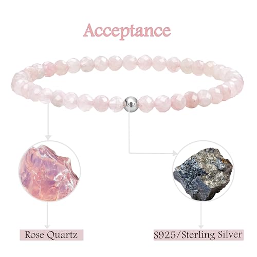 Beaded Bracelets for Women, Handmade Natural Stone Tiny 4mm Beads 925 Sterling Silver Dainty Stretch Bracelets, Chakra Crystal Gemstone Jewelry Gifts - color: Rose Quartz (Stone of Acceptance), size: Medium 7.3-7.5 inch