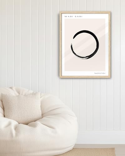 EcoHest Framed Wall Art Zen Buddhism Wabi Sabi Abstract Enso Symbol, 16x20 in OAK Wood Minimalist Japandi Ink Stroke Canvas Wall Art, Mindfulness Meditation Bedroom Set of 1 For Living Room