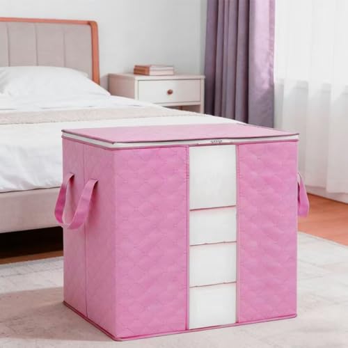 Heavy-Duty Storage Bags with Zipper, Foldable Thick Fabric Blanket Storage Bags, Waterproof Moving & Travel Organizers, Foldable Reinforced Handles (Pink)