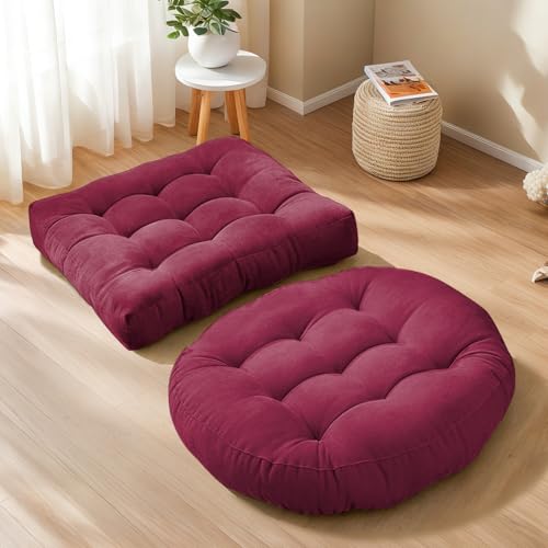 Floor Cushion Pillow Set of 2 Large Round and Square Floor Pillows for Adults Meditation Cushion Pillow Wine Red Tufted Corduroy Cushions for Living Room Outdoor Yoga Tatami Fireplace,20x20 Inch - color: Wine Red