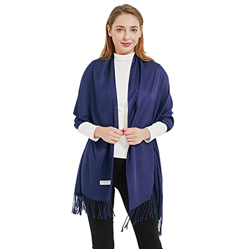 Soft Silky Pashmina Shawl Wraps Solid Colors Scarf for Wedding Evening Dresses - color: H-navy