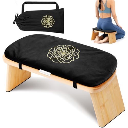 Hihealer Folding Bamboo Meditation Bench with Cushion & Carry Bag – Ergonomic Yoga and Prayer Stool for Comfort and Posture Support (Black)