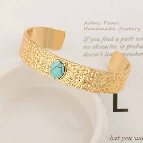 18K Gold Plated Open Cuff Bangle for Women Statement Brushed/Hammered/Textured Bracelet Layering Jewelry Love Gift for Her - style: Green-blue Turquoise Bangle