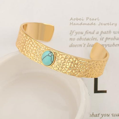 18K Gold Plated Open Cuff Bangle for Women Statement Brushed/Hammered/Textured Bracelet Layering Jewelry Love Gift for Her - style: Green-blue Turquoise Bangle