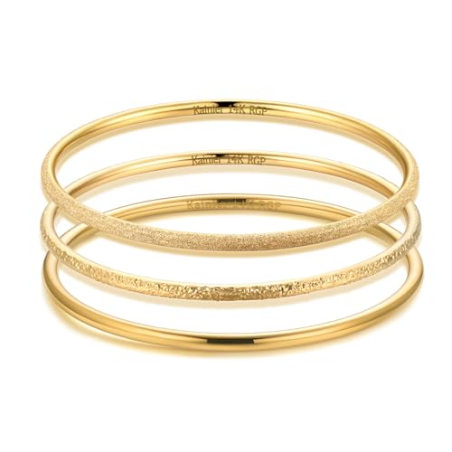 Kainier 3mm 14K Gold Plated Bracelet Stainless Steel Glossy Stackable Thin Round Bangle Bracelet for Women Solid Plain Polished Bracelet Best Gifts for Love - color: Hammered Bangle, size: 7.5 Inches