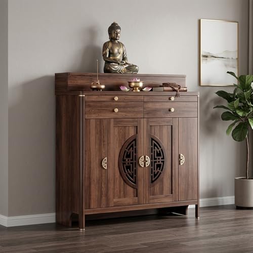 Personal Shrine Altar Table, Solid Wood Frame Buddhist Altar Cabinet, Meditation Prayer Table with Drawer (Brown, 118cm/46.6in) - size: 118cm/46.6in