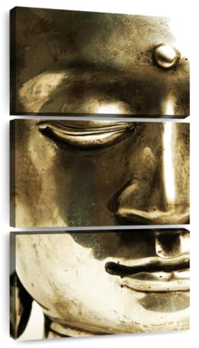 ElephantStock - Shiny Buddha Canvas Wall Art, Golden Buddha Portrait For Bedroom, 3 Piece Gold & White Zen Wall Decor, Modern Decor Photography - 21" X 44" - color: Shiny Buddha Multi Piece, size: 44"L x 21"W