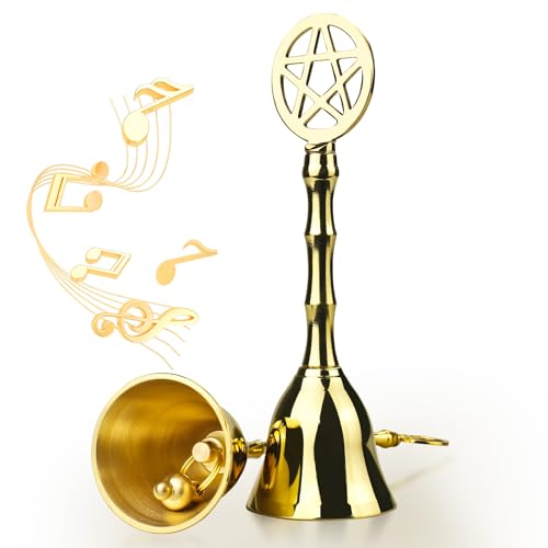 Brass Small Hand Bell, 4.92" H Pentagram Handbells, Decorative Dinner Altar Bell for Witch Wiccan Inspired Meditation Ritual Pagan, Clear Negative Energies