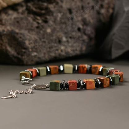 original beaded bracelets for men Picasso jasper mens bracelet with hematite and black onyx spacers stainless steel adjustable chain Handmade Viking style Great for yourself or friends