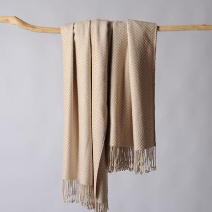 CUDDLE DREAMS Silk Throw Blanket with Hand-Knotted Fringe, Natural, Soft & Breathable (Herringbone-Taupe) - color: Herringbone-taupe