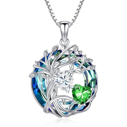 TOUPOP s925 Sterling Silver Family Celtic Tree of Life Pendant Necklaces with 2 Heart Birthstone with Blue Austrian Crystal Jewelry Birthday Valentines Day Gifts for Her, Anniversary Christmas Gifts for Wife Girlfriend Mom (18K Real White Gold Filled) - c