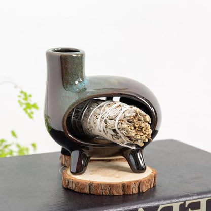 MOUGIGI Handcrafted Ceramic Palo Santo Holder Burner with Green Glaze - Modern Footed Pottery Incense Chimney Dish - Great for Meditation - Wood Sticks, Sage, Ash Catcher Bowl, Cone Compatible. - color: Glazed Ceramics -Footed Black and Green
