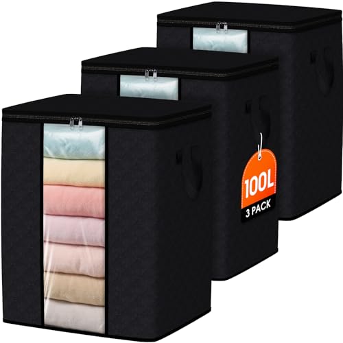 SpaceWhisper 3 Pack 100L Clothes Storage, Foldable Thick Fabric Blanket Storage Bags, Containers for Organizing Bedroom, Closet, Clothing, Comforter,Closet Organization with Handle,Black - color: Black