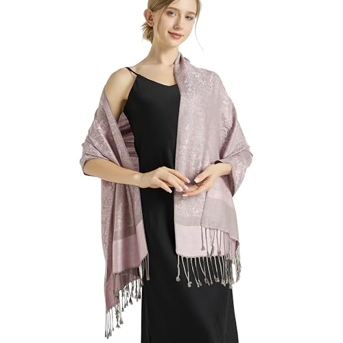 Silky Paisley Pashmina Shawl Scarf-Women's Soft Double-side Jacquard Pashminas Wrap for Evening Dress Travel Shawl - color: A-pink Grey