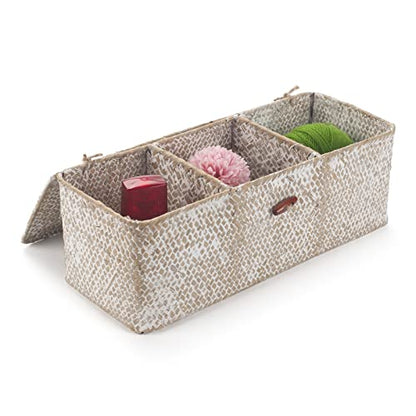 Seagrass Storage Basket with Lid Rectangular Small Woven Shelf Baskets with Sections for Organize Snack Toys Whitewash - color: Whitewash 3 Sections