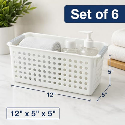 Basicwise Set of 6 Plastic Storage Baskets, 12" x 5" x 5" Ivory Organizer Bins with Handles, Perforated Small Storage Containers for Pantry, Bathroom, Laundry, Closet, Office, Toys, Shelves, Home - size: Set of 6