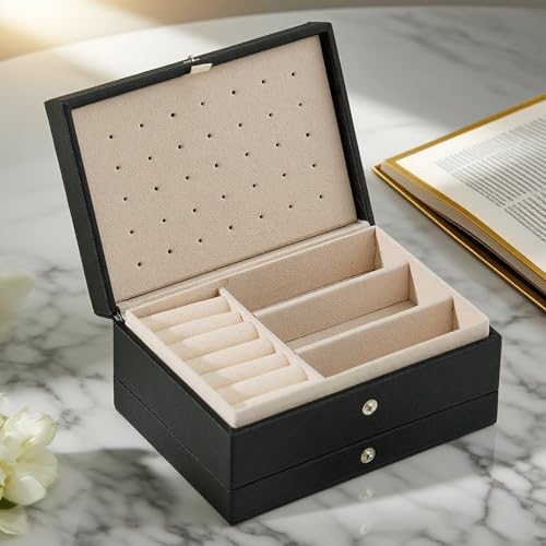 Square Three Layers Jewelry Storage Box for Women, Womens Portable Jewelry Case for Earring Necklace Ring - color: Black
