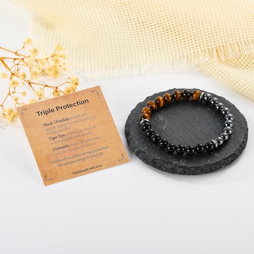 Gnamy Crystal Bracelet Gifts for Men Him- Triple Protection Hematite Black Obsidian Tiger Eye Gemstone Beaded Bracelets Birthday Healing Jewelry Gifts - style: Style 7