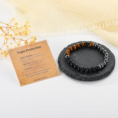 Gnamy Crystal Bracelet Gifts for Men Him- Triple Protection Hematite Black Obsidian Tiger Eye Gemstone Beaded Bracelets Birthday Healing Jewelry Gifts - style: Style 7