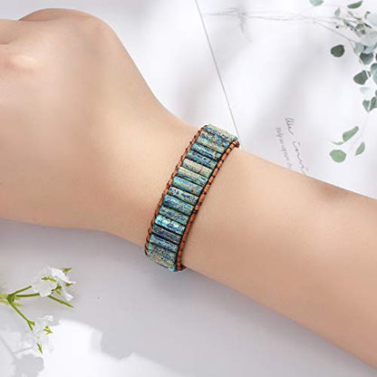 Women Boho Handmade Natural Stone Crystal Leather Bead Wrap Bracelets Collection - style: Colorful Blue Jasper 1W