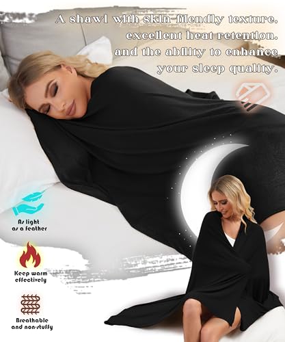 Tencel Cashmere Shawl Wraps for Women,Pashmina Stole Airplane Travel Wool Scarf Blanket Wrap Lightweight UPF 50+ - color: Black
