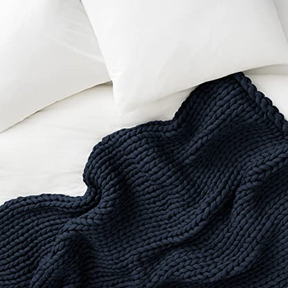 Cotton Hand-Knit Weighted Blankets for Adults - Chunky Knit Blanket - Sustainable, Breathable, Organic, Cooling Weighted Blanket - Machine Washable (Midnight Blue, 10 lbs, 40"x64")