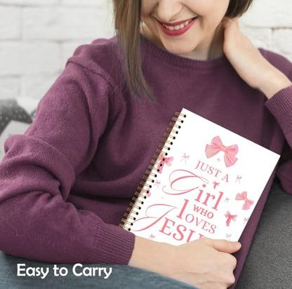 XUNLURY Coquette Pink Bow Christian Jesus Notebook, Christian Journal Gifts for Women, Just a Girl Who Loves Jesus Religious Prayer Journal, Bible Study Hardcover Spiral Notebooks, 5.5x8.3 Inch - color: Color_F