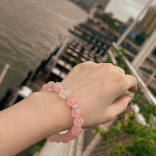 Rose Quartz Bracelet, 8mm Natural Gemstone Love Stone Jewelry Anxiety Relief & Meditation Support Heart Chakra Balance Valentine’s Mother’s Day Gift for Her - color: Sakura pink