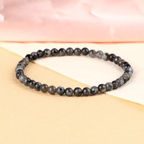 LPBeads Handmade Natural Gemstone Stretch Elastic Bracelet Healing Crystal Round Stone Beads Jewelry Gifts for Women Men - color: Black Larvikite, size: 4mm