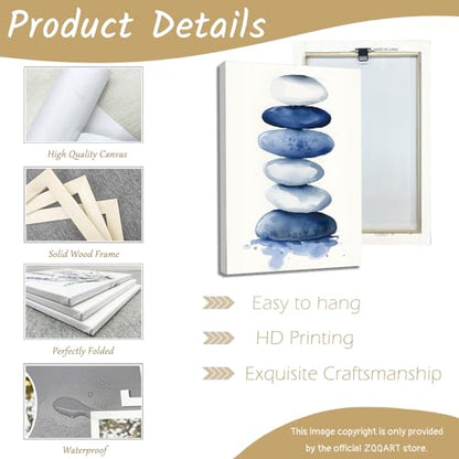 ZQQART Zen Stone Canvas Wall Art Blue and White Zen Stone Paintings Bathroom Pictures Relaxing Spa Meditation Room Spiritual Artwork for Living Room Framed (20W x 30L) - size: 20W" x 30L"