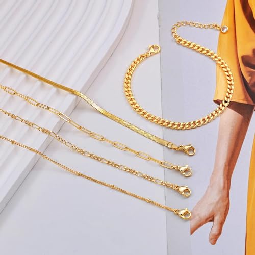 DEARMAY Gold Bracelets for Women Waterproof, 14K Gold Plated Stackable Jewelry Sets Non Tarnish Trendy Thin Dainty Cuban Link Paperclip Chain Bracelet Stack Fashion Accessories Gifts for Womens - style: 5Pcs BRACELET E