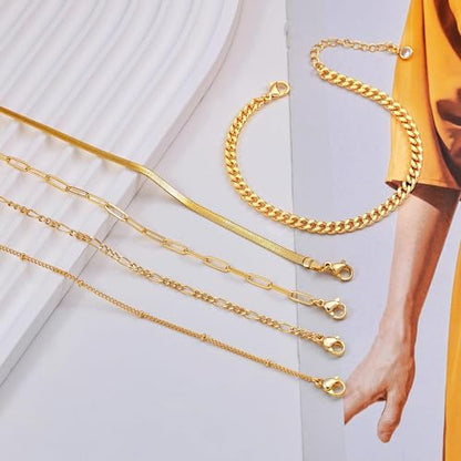 DEARMAY Gold Bracelets for Women Waterproof, 14K Gold Plated Stackable Jewelry Sets Non Tarnish Trendy Thin Dainty Cuban Link Paperclip Chain Bracelet Stack Fashion Accessories Gifts for Womens - style: 5Pcs BRACELET E