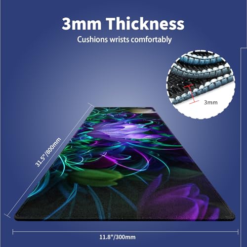 XXL Gaming Mouse Pad with Stitched Edges - Abstract Modern Neon Lotus Painting Purple Glowing Flowers Blossom, Smooth Cloth Surface Anti-Slip Rubber Base Large Desk Mat for Mice & Keyboard - color: Lotus Painting