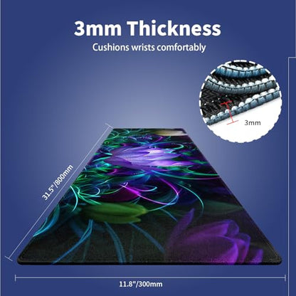 XXL Gaming Mouse Pad with Stitched Edges - Abstract Modern Neon Lotus Painting Purple Glowing Flowers Blossom, Smooth Cloth Surface Anti-Slip Rubber Base Large Desk Mat for Mice & Keyboard - color: Lotus Painting