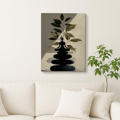 Zen Buddha Stones Wall Art, Green Black Meditative Decor, Minimalistic Home Aesthetic for Living Room, Bedroom, Spa, Wrapped Canvas 8x12 Inch - size: 8x12 Inch