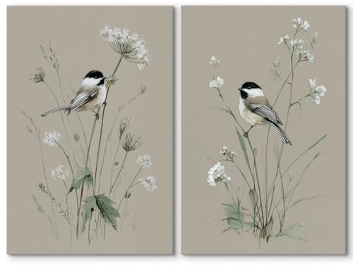 SIGNWIN Canvas Print Wall Art Set Delicate Chickadee Birds with Wildflowers Botanical Nature Illustrations Minimal Decorative Contemporary Zen for Living Room, Bedroom, Office - 16"x24" x 2 - color: B16-2603-irs10, size: 16" x 24" x 2 panels