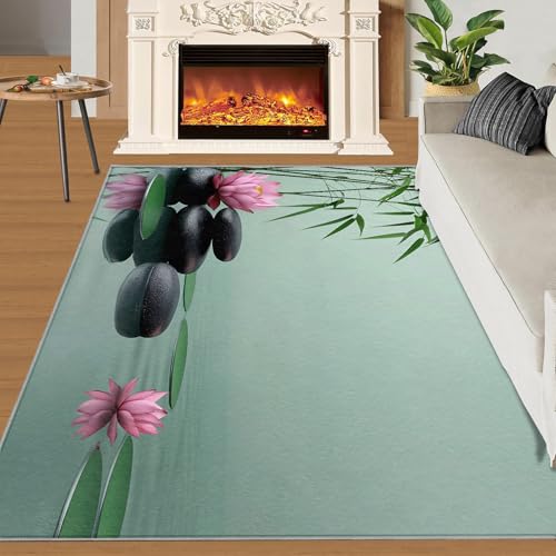 Zen Meditation Rugs for Bedroom - 3x5 Rug - Pink Lotus Rugs for Living Room, Bamboo Leaves and Zen Stones Area Rug, Washable Rug Kitchen Home Decor Carpet - color: Zen Meditation#157, size: 3'x5' (Rectangular)