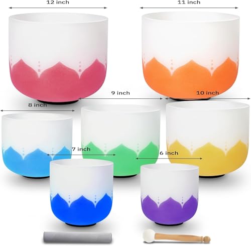 Set of 7 size 6-12 inch Lotus Design Chakra Tuned 432hz Quartz Crystal Singing Bowls with Heavy Duty Carrying Cases and Singing Bowl Mallet Suede Strikers WF - color: Set of 7, Lotus