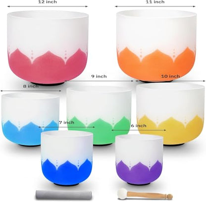 Set of 7 size 6-12 inch Lotus Design Chakra Tuned 432hz Quartz Crystal Singing Bowls with Heavy Duty Carrying Cases and Singing Bowl Mallet Suede Strikers WF - color: Set of 7, Lotus