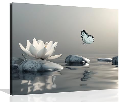 OWNANRTHM Zen Canvas Wall Art Lotus Bathroom Painting Lotus and Butterfly on Lake Pictures Large Butterfly Zen Poster for Yoga Spa Meditation Spirit Room Wall Decor Framed 12X16 inch - color: Zen Lotus Flower, size: 16"L x 12"W