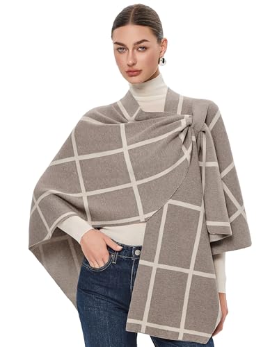 PULI Womens Elegant Cross Front Shawl Wraps Knitted Ponchos Cape Light Weight Poncho Sweater Soft Warm Travel Wraps - color: Classic Check-oatmeal and Barley Twist