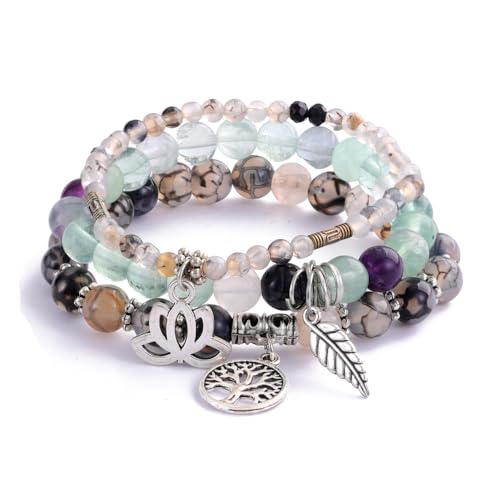 Tree of Life Yoga Healing Stone Bracelets,Multilayer Lotus Chakra Stone Reiki Bracelet Sets,Anxiety Crystal Natural Stone,for Women Stress Relief - style: Black dragon agate + fluorite