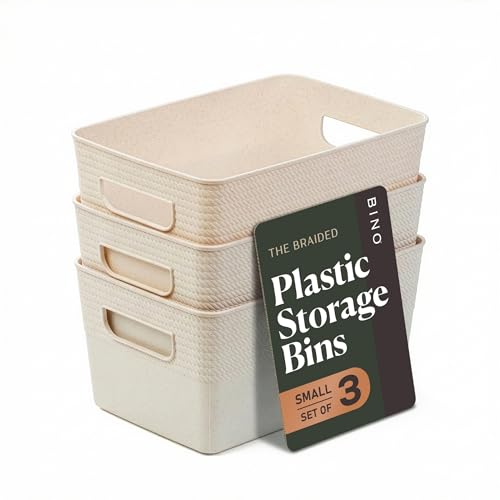 BINO | Plastic Storage Bins, 5 Liter - 3 Pack, Natural | THE BRAIDED COLLECTION | Plastic Bins for Organization | Woven Storage Baskets for Organizing | Pantry Shelf Organizer Basket Container Bin - color: Natural, size: 5L | 3-Pack