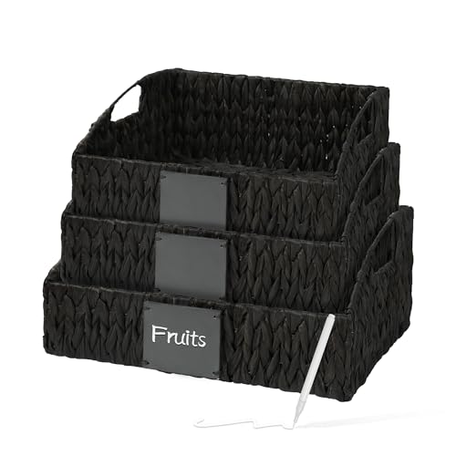 Rattan Storage Basket, Handwoven Wicker Basket for Storage with Built-in Handles, Pantry Baskets for Shelves, Bedroom, Bathroom, Laundry Room or Kitchen(Black) - color: Black