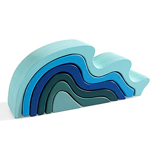 Wooden Rainbow Stacking Toy, Water Wave Elements Wooden Stacker, Various Shapes Nesting Stacking Blocks, Waldorf & Montessori Open-Ended Education Toy for Kids/Toddlers - color: Waterwaves