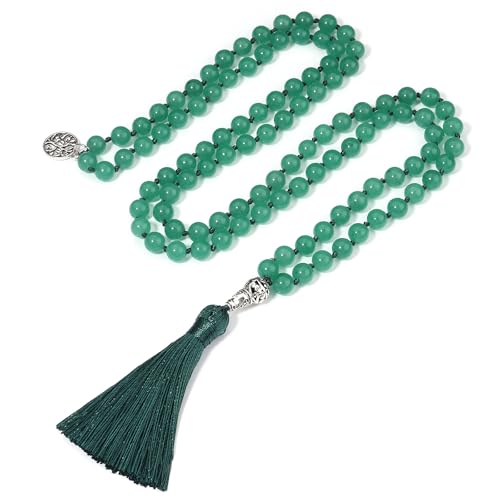 108 Mala Beads Necklace Semi-Precious Gem Stones Meditation Necklace 108 Hand Knotted Japa Mala Beaded Tassel Necklace with Tree of Life Pendant - color: Green Aventurine