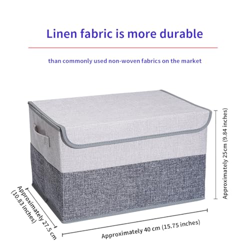 27 L Cotton Linen Foldable Storage Box with Lid - 15.75"x10.63"x9.84"- Durable Collapsible Organizer for Bedroom, Living Room, Kids' Room, 3-Pack Grey
