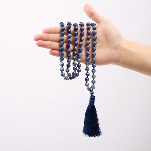 8mm Natural Stone 108 Mala Beads Necklace for Men and Women - color: Lapis Lazuli